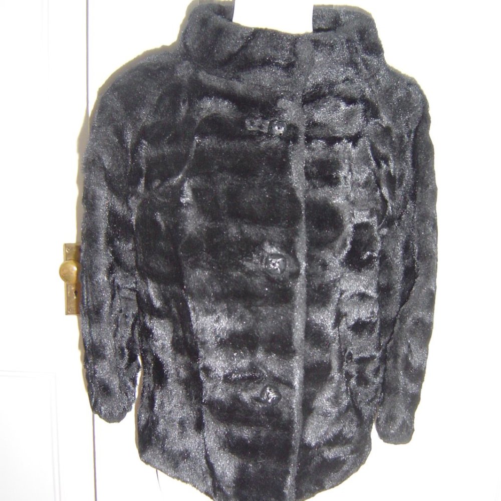 VINTAGE 60'S WOMEN'S MOD BLACK FAUX FUR JACKET S